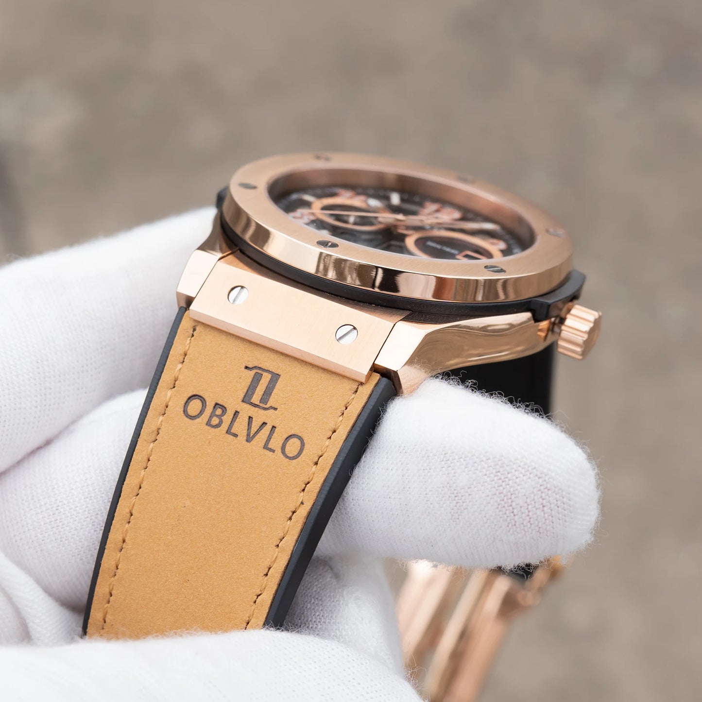 OBLVLO Men's Fashion Rose Gold 44mm Hollow-out Automatic Watch Waterproof Brown Leather Strap Mechanical Clock with Date HM-GT