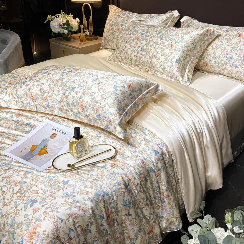 Floral Silk Bedding Set with Duvet Cover Bed Sheet Pillowcase Luxury Couple Single Double King Queen Soft Bedsheet Nordic Smooth
