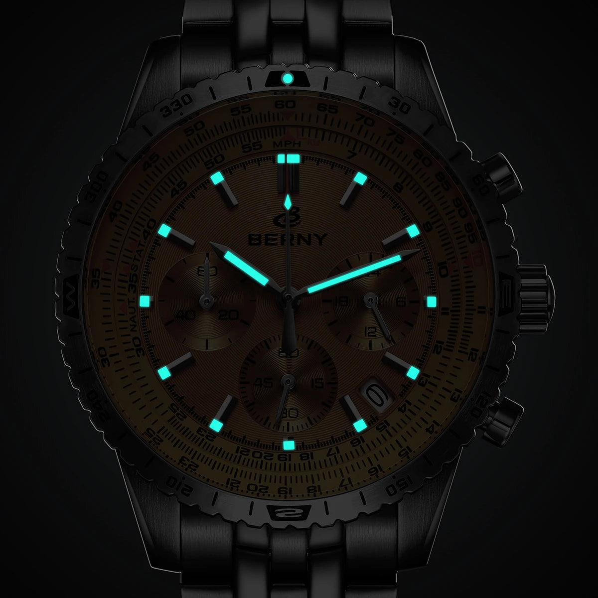 BERNY Aviation Pilot Men's Watches Quartz Chronograph Watch Date Sapphire Super Luminous Luxury Brand Dress Man Wristwatch