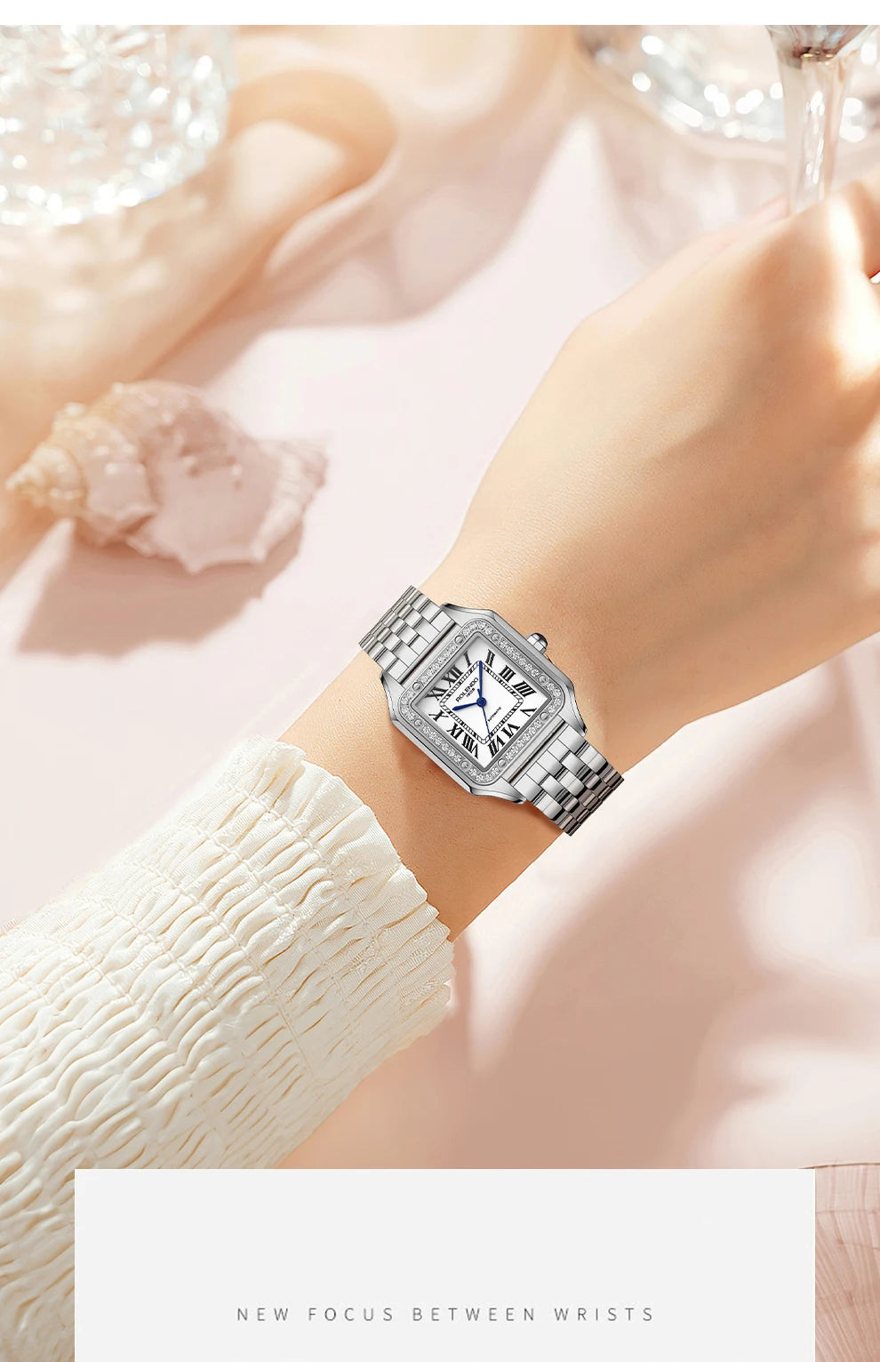 ROLENDO Luxury Gold Square Watch for Santos 33mm Diamond-Set Sapphire Crystal Roman Scale 5ATM Women's Automatic Wristwatch Gift