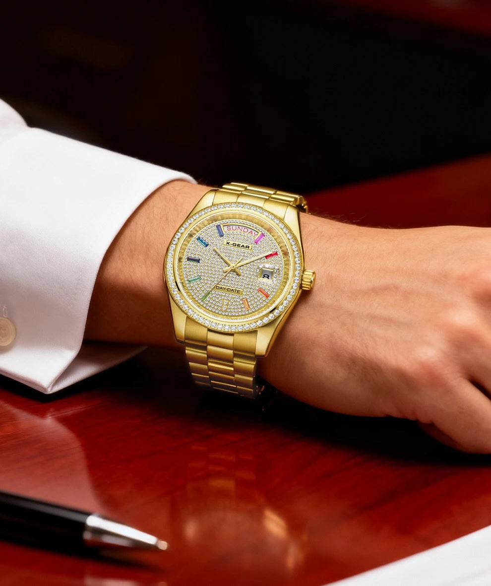 X-GEAR Men Luxury Watches Full diamond dial Diamond bezel Mechanical Watch Luminous Date Week Display Stainless Steel Case Strap
