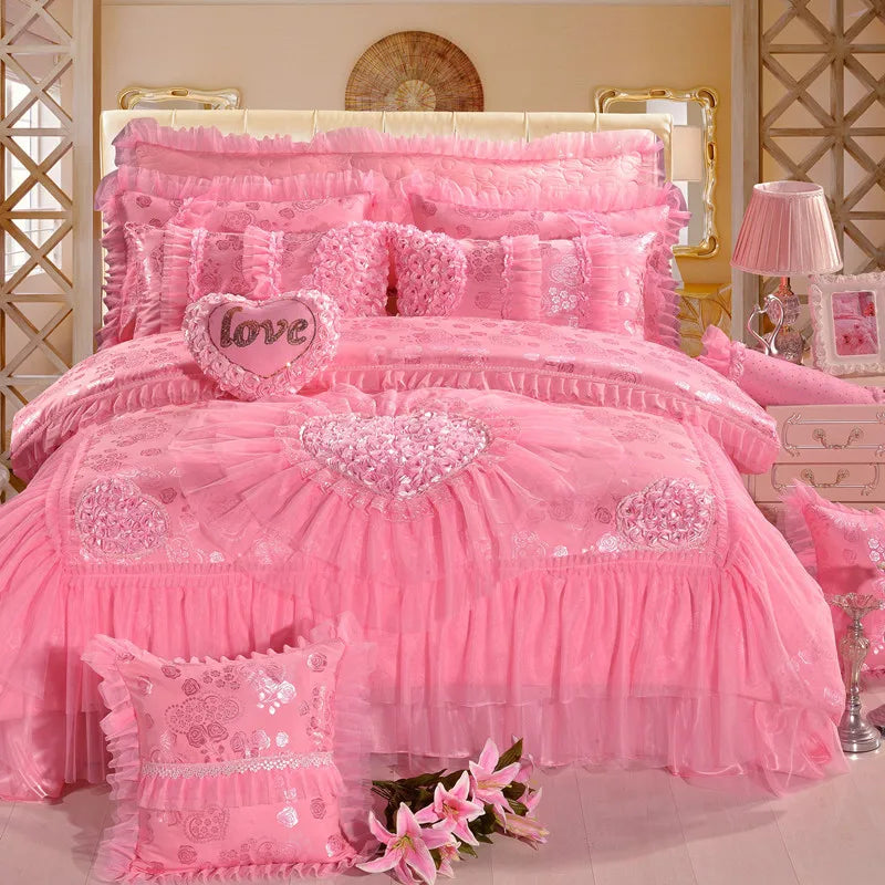 Red Jacquard Satin Cotton Bedding Set Luxury Heart-shaped Lace Princess Wedding Duvet Cover Bed Sheet Bedspread Pillowcases