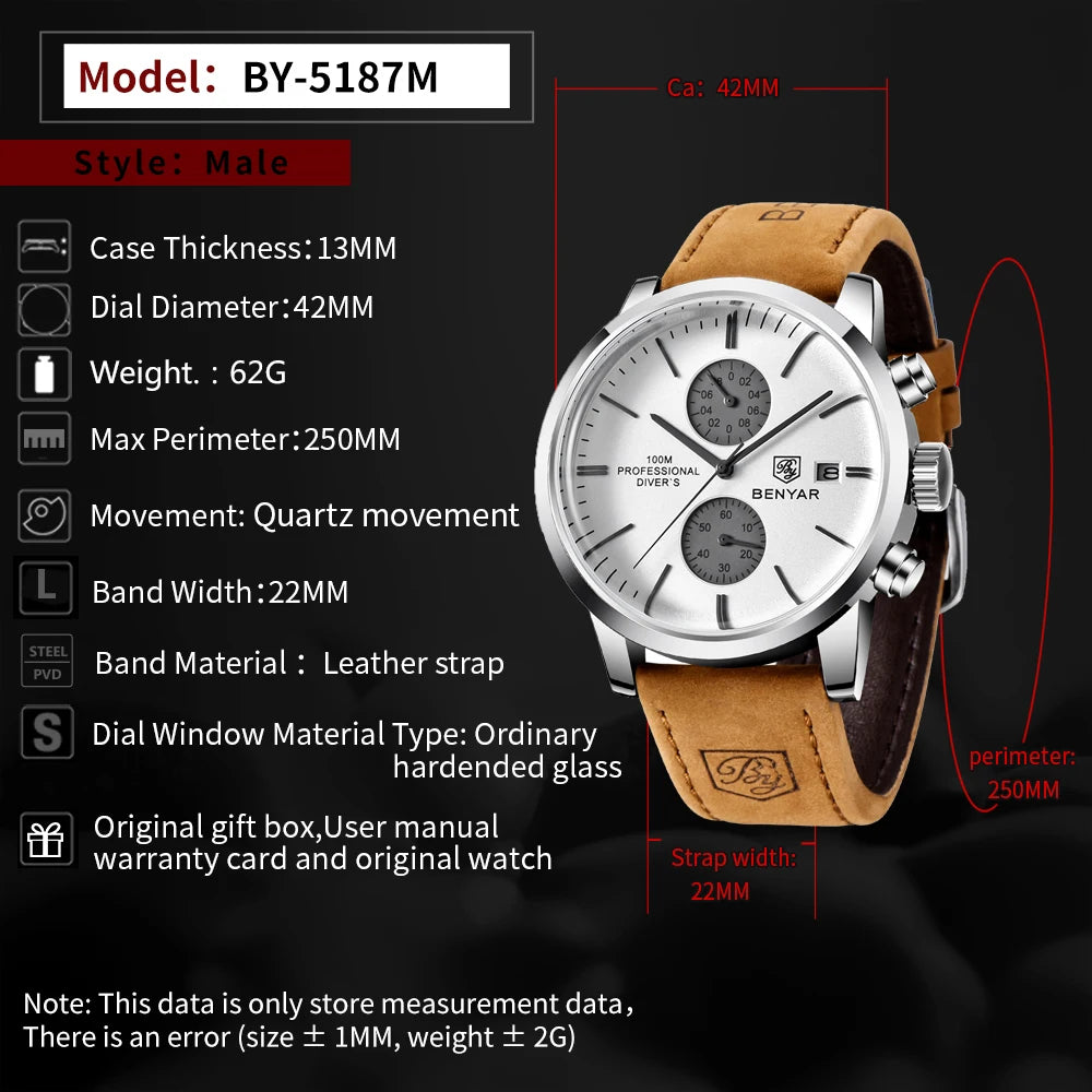 BENYAR Men Quartz Wristwatches Luxury Brand Chronograph Leather Sports Watch For Men Military 100M Waterproof Reloj Hombre 2023