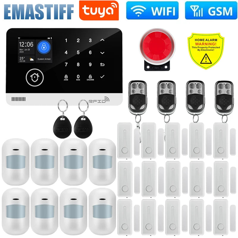 Wireless Tuya APP SIM GSM Home RFID Burglar Security LCD Touch Keyboard WIFI GSM Alarm System Sensor kit Russian,Spanish Voice