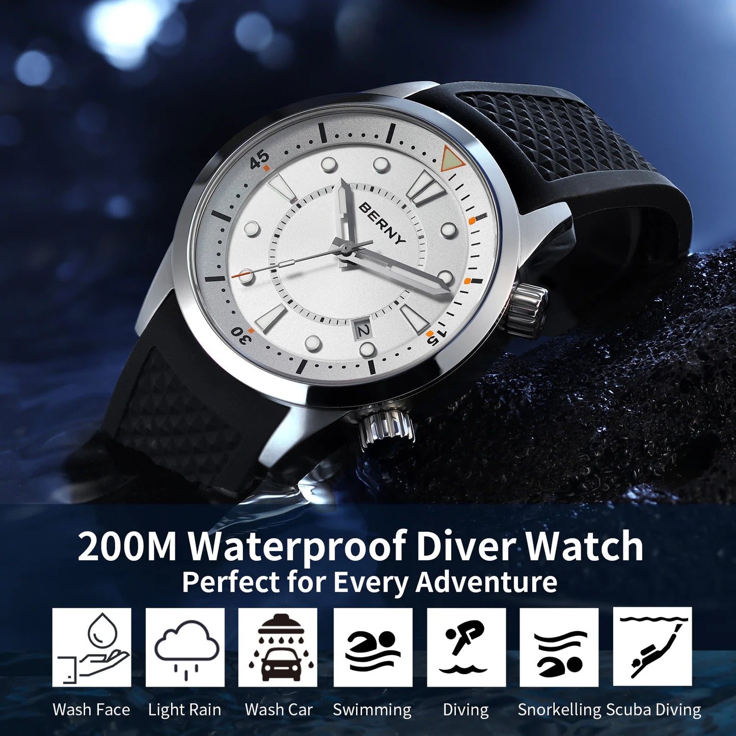 BERNY Automatic Diver Men Watch 200M Waterproof Miyota 8215 Sappire AR Coated Silicone Sports Swim Wristwatch Men's Diver Watch