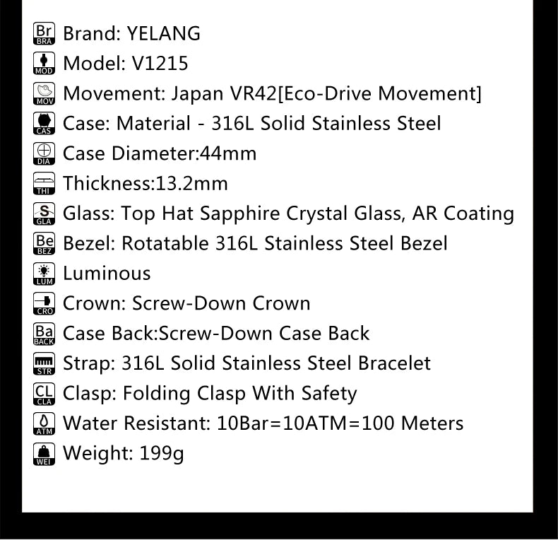 Yelang Watch 44mm V1215 Men Sports Watch Japan Eco-Drive VR42 Solar Diving Watch 100m Waterproof 10Bar Luminous watches for men