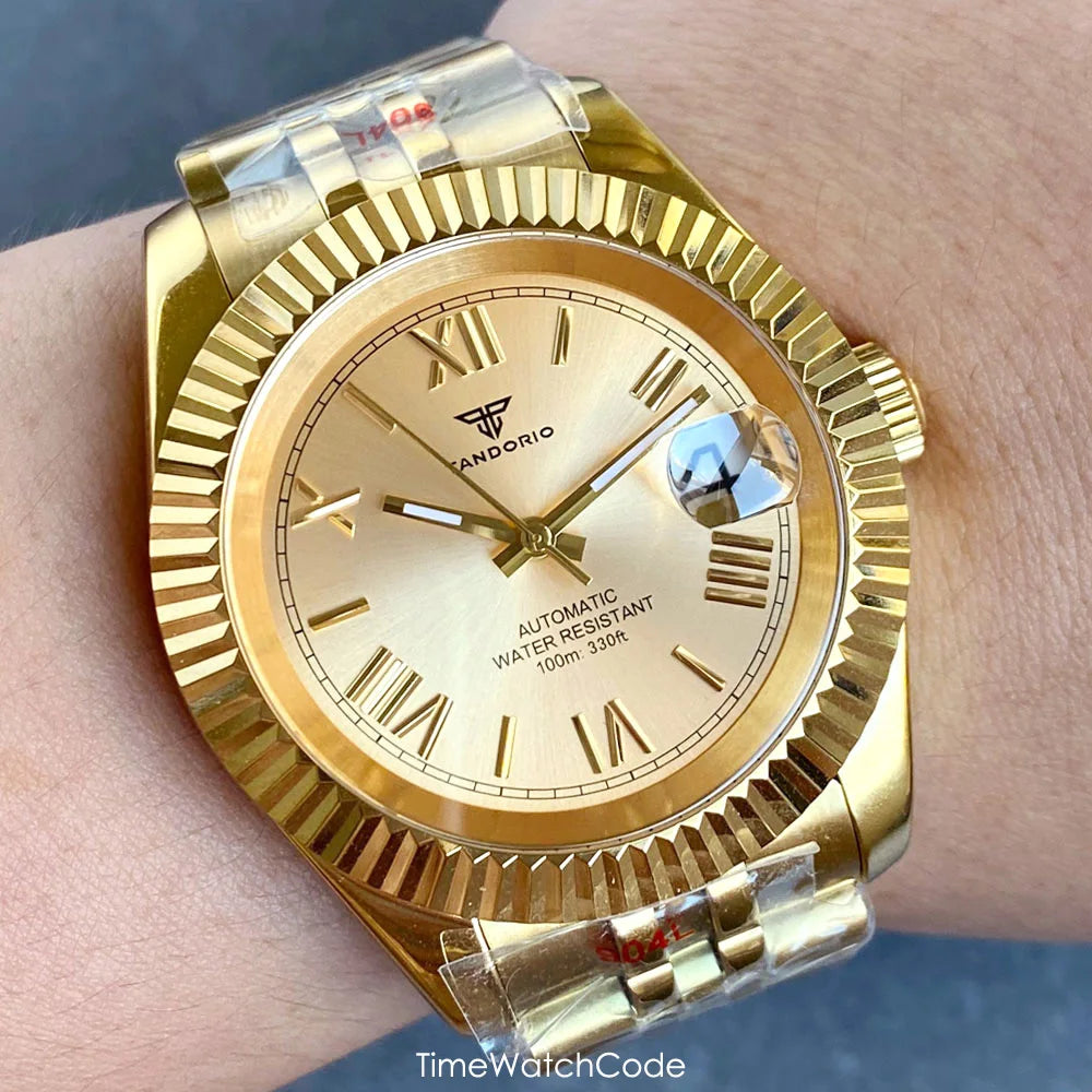 Montre automatique de luxe Tandorio Business pour homme, mouvement NH35A, cadran classique à chiffres romains, lunette cannelée, verre saphir, 36/39 mm