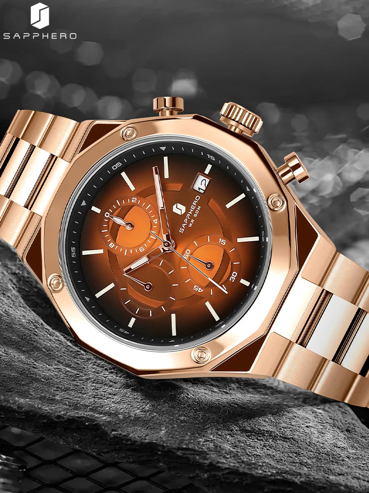 SAPPHERO Rose gold Watch Mens Watch Luxury  Stainless Steel Quartz Watch Business Waterproof Luminous Calendar Wristwatch Gift