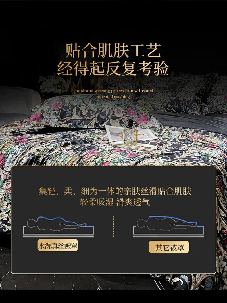 Natural Silk Bedding Set Single Double Queen King Printing Duvet Cover Luxury Quilt Cover Bedsheet Pillowcase