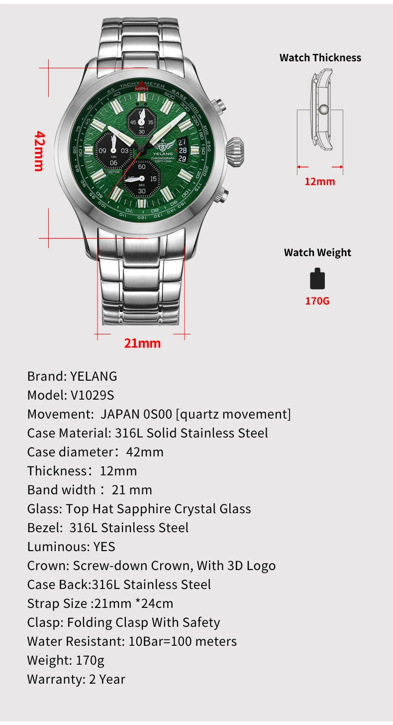 Yelang Watch For MAN Three Eyes Six Needles Quartz Watch Japan OS00 Movement Diving Watch 100M Professional Waterproof Reljo