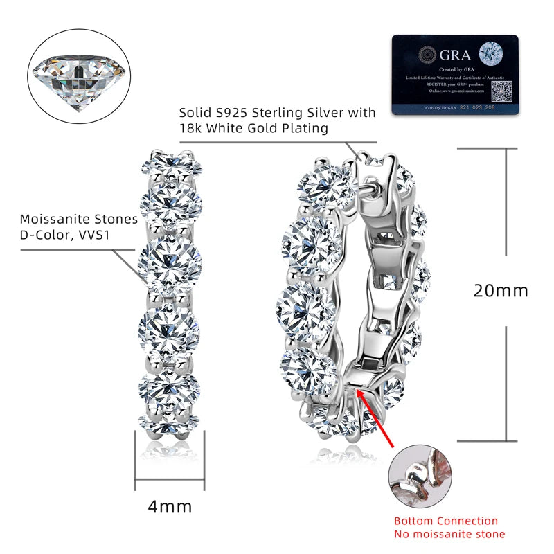 Anziw New 4mm Moissanite Hoops Luxury Eternity Diamond Earrings Solid Silver 925 18K White Gold Plated Jewelry for Women Gifts