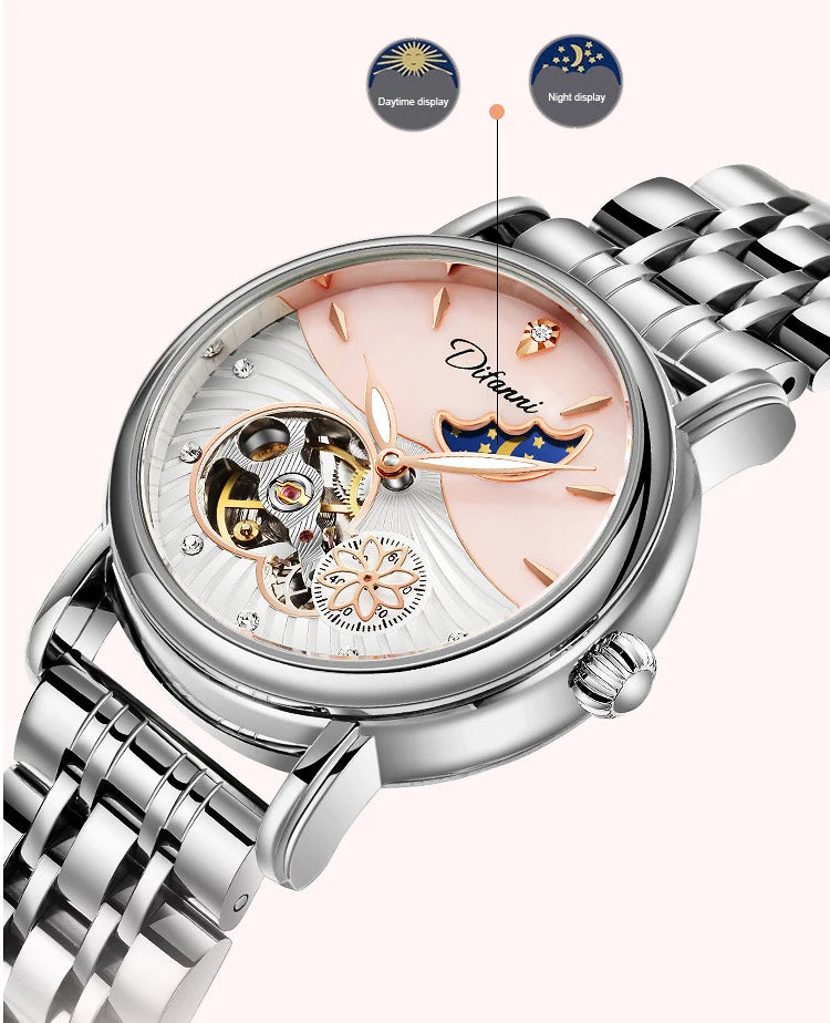 Lady Automatic Mechanical Watches Rotatable Flowers Female Watch Women Brand Luxury Fashion Moon Phase Waterproof Luminous Clock