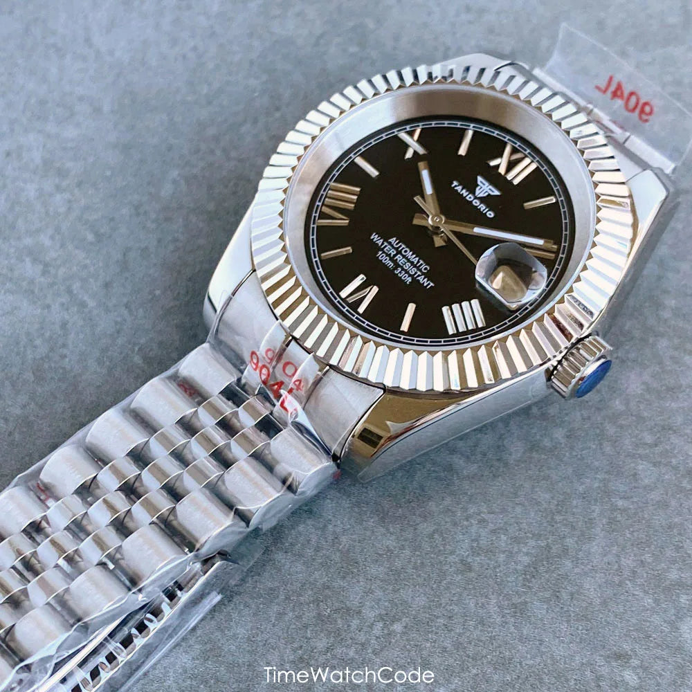 Montre automatique de luxe Tandorio Business pour homme, mouvement NH35A, cadran classique à chiffres romains, lunette cannelée, verre saphir, 36/39 mm