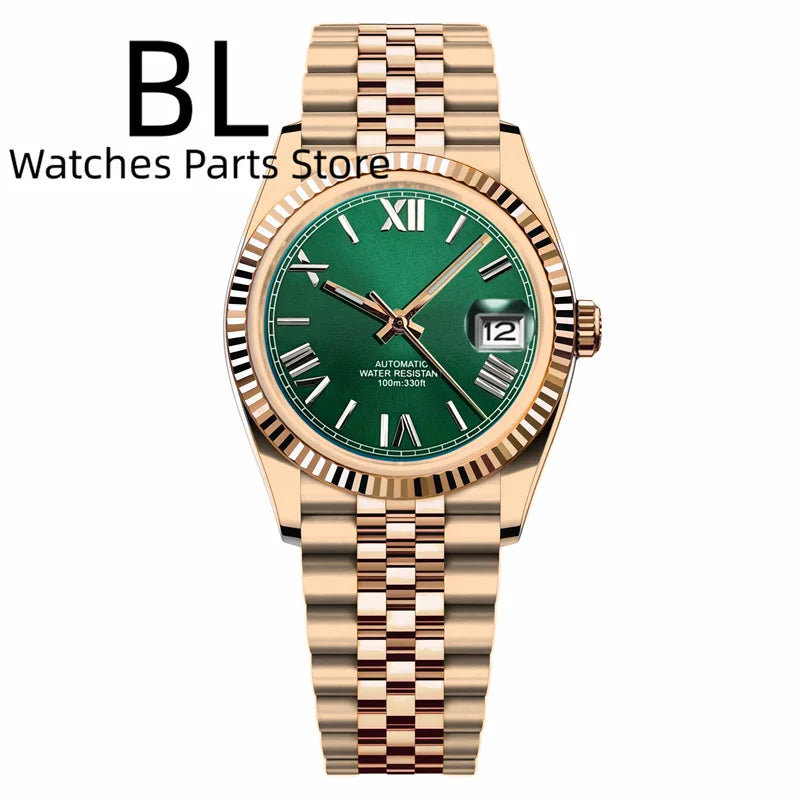 BLIGER 36mm39mm Two-tone Rose Gold Black Dial Watch For Men Date Fluted Bezel Sapphire Glass Rose Roman Index Jubille Bracelet