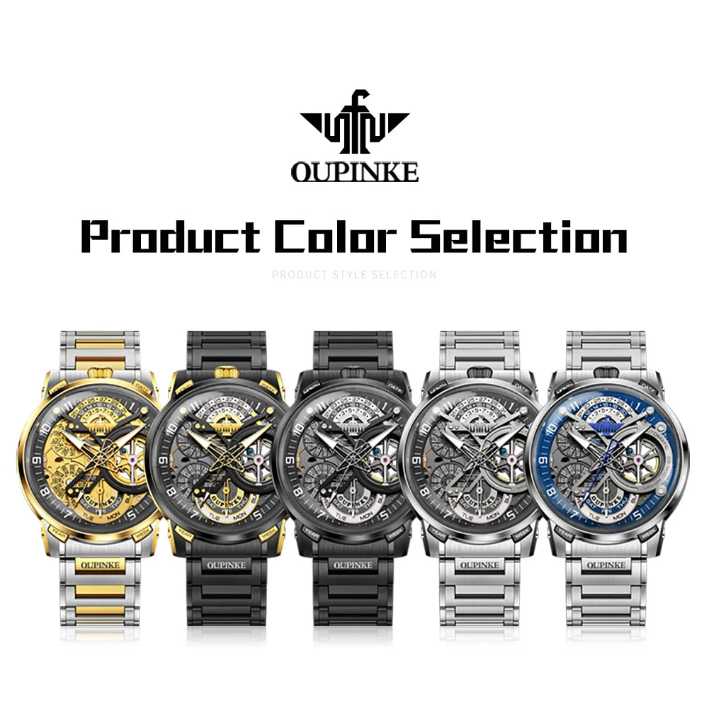 OUPINKE 3278 Herrenuhr, Luxus-Automatikuhr mit Schwungrad, Skelett-Uhrwerk, 50 m wasserdicht, Edelstahl 316L