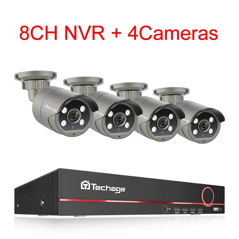 Techage 8CH HD 4MP POE Surveillance Camera CCTV Security System H.265 Face Detect Outdoor Two-way Audio IP Camera P2P Video NVR