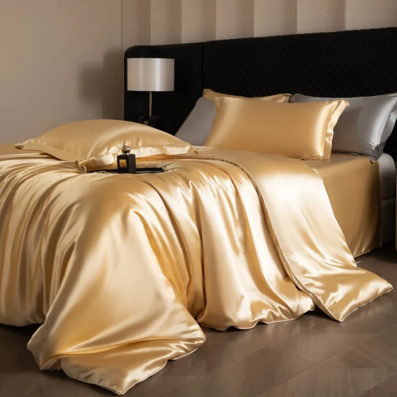 Silk Bed Sheets Set Luxury Bedding Set with Duvet Cover Fitted/Flat Bedheet Pillowcases Mixed with Rayon King Queen Full Twin