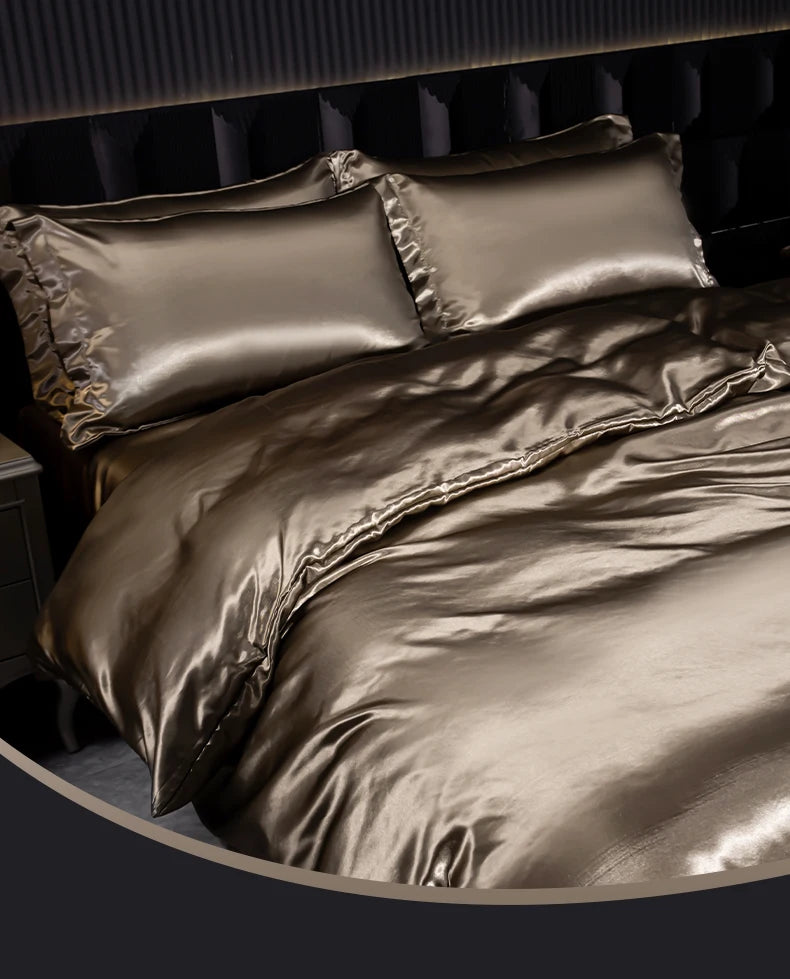 Solid Silk Bedding Set with Duvet Cover Bed Sheet Pillowcases Luxury Satin Single Double Bedsheet King Queen Twin Size