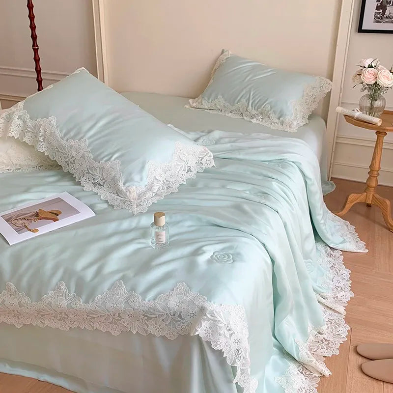 100%Eucalyptus Lyocell Cream White Lace Soft Silky Textured Wrinkle-Free Summer comforter Blanket 1Pc Flat sheet 2Pillow shams