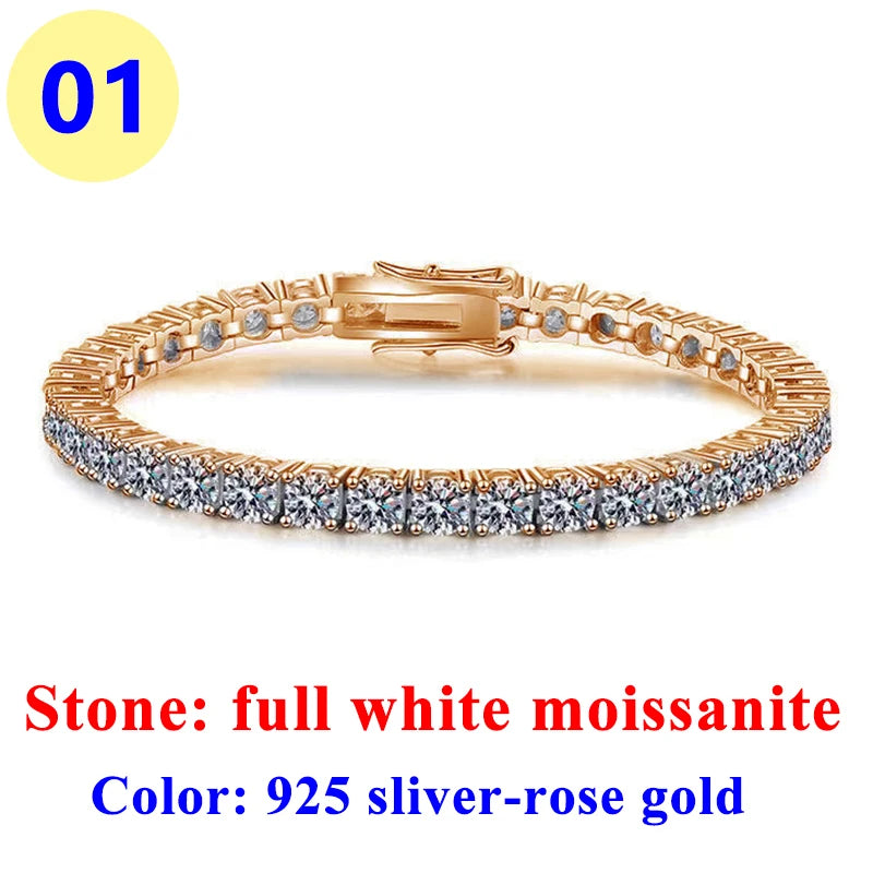3MM Pink Full Moissanite Tennis HipHop Blue Green Yellow Purple Bracelet S925 Sliver Plated White Gold Bracelet for Women Men