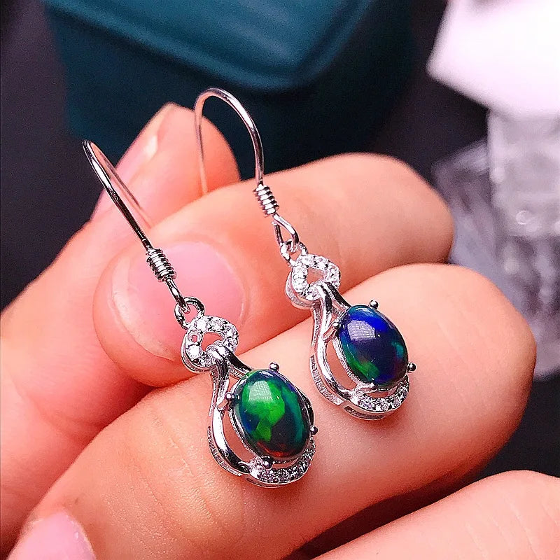 MeiBaPJ 5*7 Natural Black Opal Gemstone England Ear Drop Earrings for Women Real 925 Sterling Silver Charm Fine Wedding Jewelry