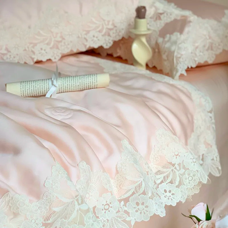 100%Eucalyptus Lyocell Cream White Lace Soft Silky Textured Wrinkle-Free Summer comforter Blanket 1Pc Flat sheet 2Pillow shams