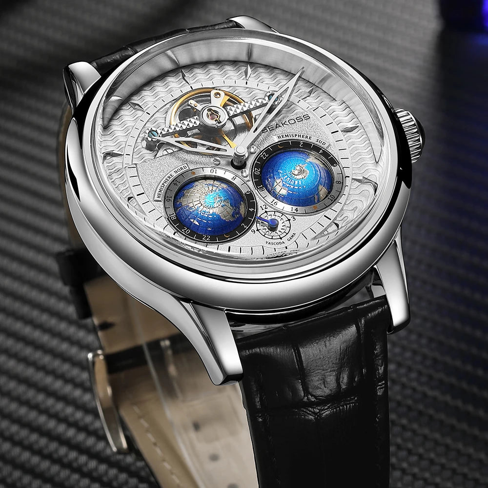 SEAKOSS Double Globe Automatic Rotating Men Mechanical Watches Earth Flywheel Device Men's Military Wristwatches 1963 Clock
