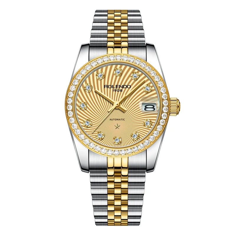 ROLENDO Classic Date Watches for Woman 32mm Sapphire Crystal 30ATM Butterfly Buckle Gold Luxury Diamond-set Automatic Wristwatch