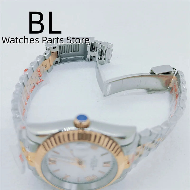 BLIGER 36mm39mm Two-tone Rose Gold Black Dial Watch For Men Date Fluted Bezel Sapphire Glass Rose Roman Index Jubille Bracelet