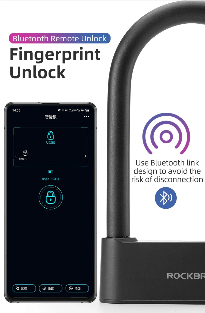 ROCKBROS Bicycle Smart Lock Bluetooth Fingerprint Unlock Waterproof High Strength Steel Alloy Anti-theft U-Lock Bike Accessories