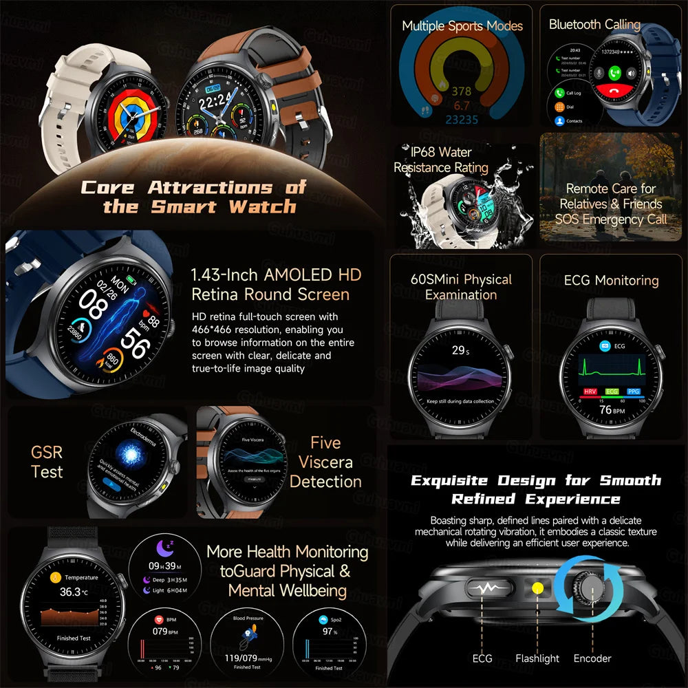 2026New Health Sport ECG AI Diagnosis Smart Watches Men Heart Rate Blood Pressure IP68 Waterproof Smartwatches For Men women