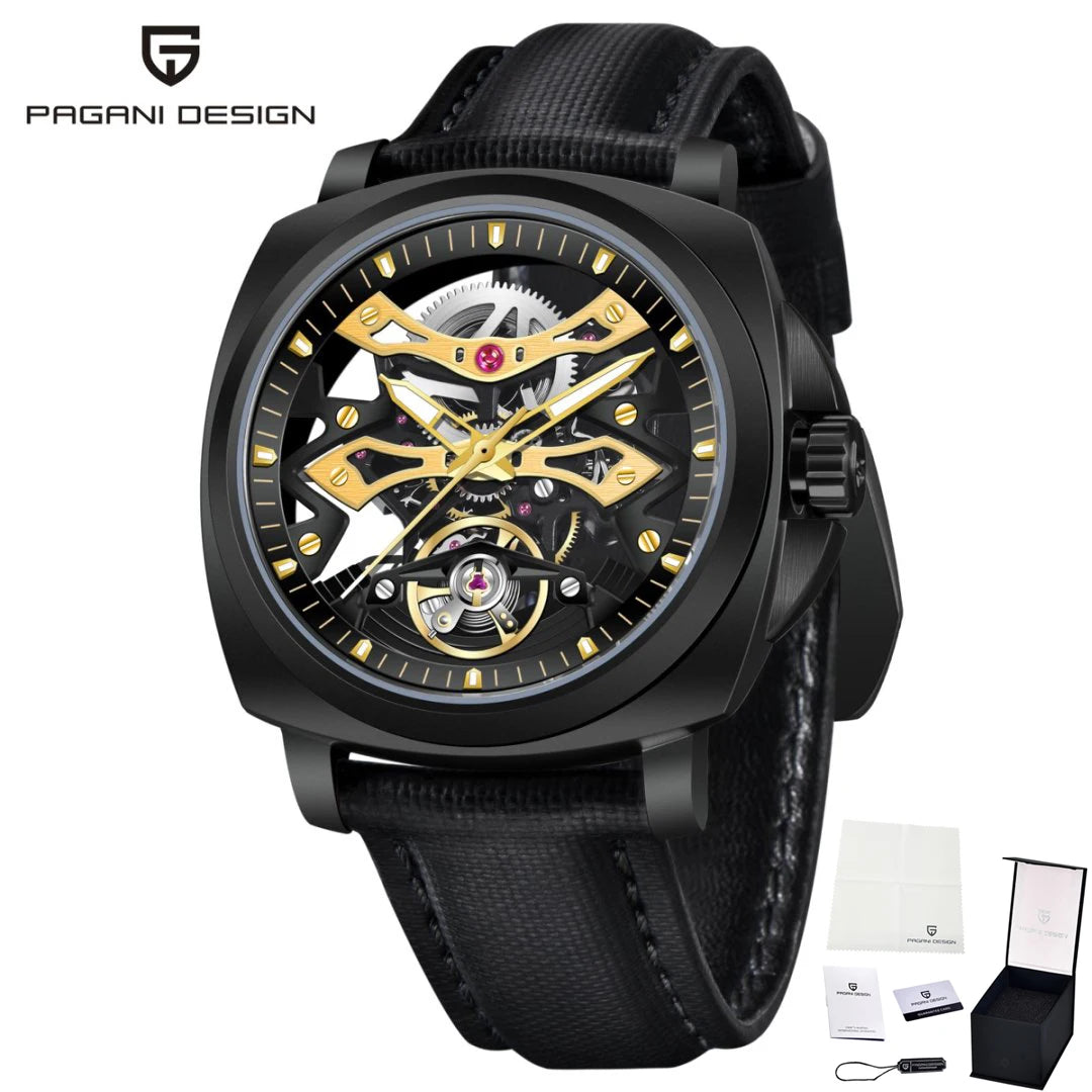 PAGANI DESIGN Herren Sportuhr, mechanische Automatik, quadratisches Design, Leder, wasserdicht, leuchtend, Geschenkidee für Feste, Herrenuhr + Box
