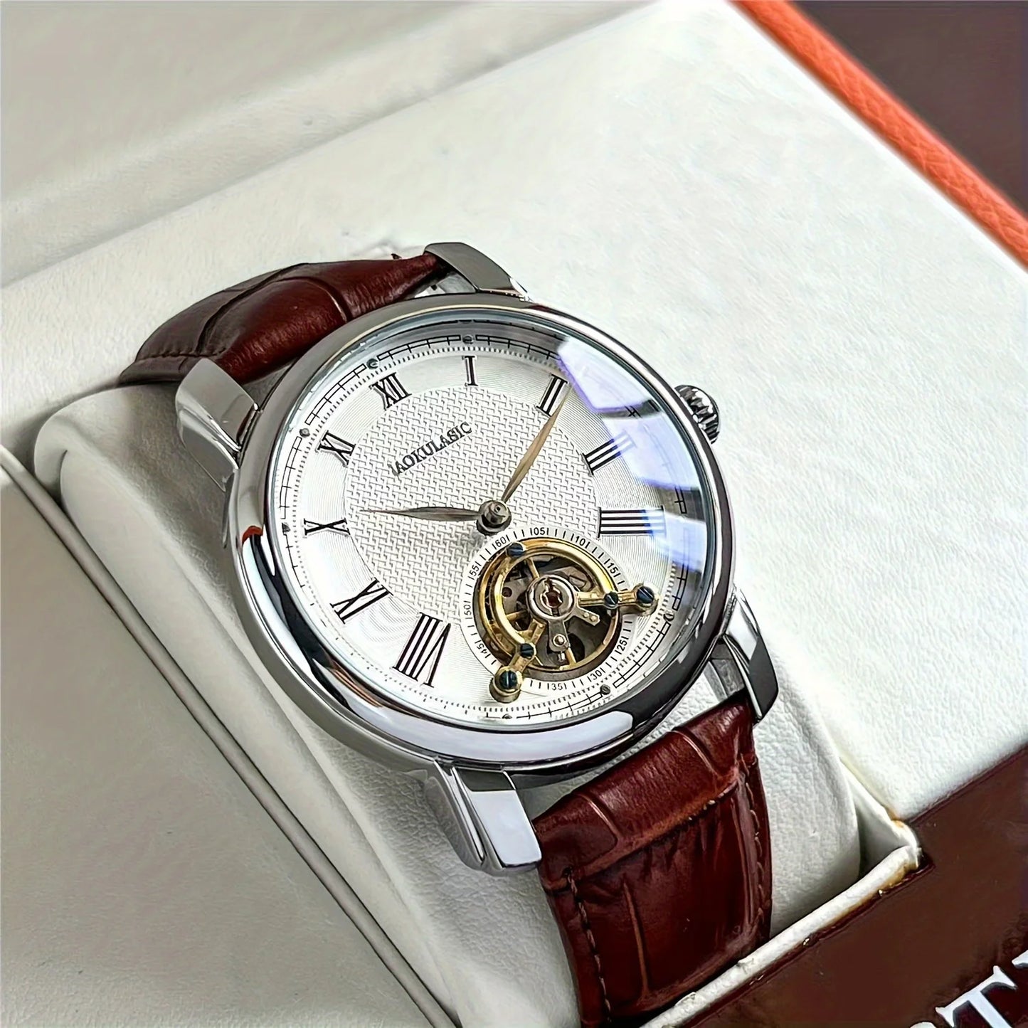 Luxury Men's Automatic Mechanical Watch - Fashionable Hollow Design, Fashionable Business Casual Style, Alloy Case and Leather Strap, No Battery