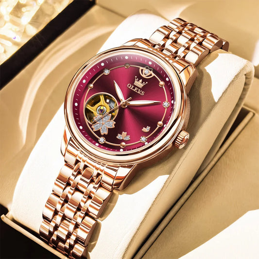 OLEVS Original Rhinestone Flower Design Watch Women's Luxury Rose Gold Watch Wine Red Automatic Mechanical Watch Birthday Gift