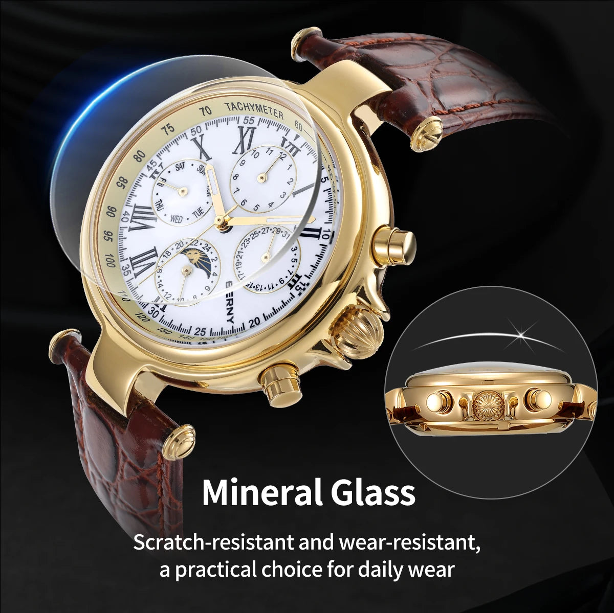 BERNY Retro-Automatikuhr für Herren mit Sonnen- und Mondphasenanzeige, luxuriöse mechanische Armbanduhr, leuchtende Möwe ST1652, klassische Herrenuhr