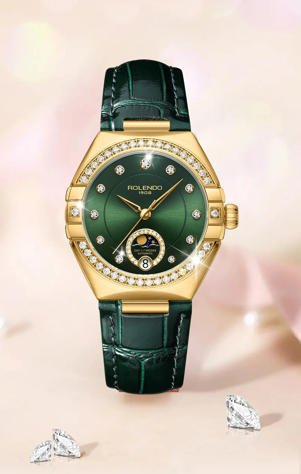ROLENDO Constellation Style Automatic Women's Watch Secret Emerald Strap Green Dial Day-Date Sapphire Crystal Waterproof Elegant