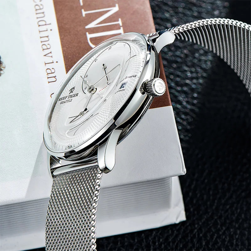 Reef-Tiger /RT Men Luxury Watch Rose Gold Mechanical Watch Brown Leather Strap Analog Watches Relogio Masculino RGA82B0