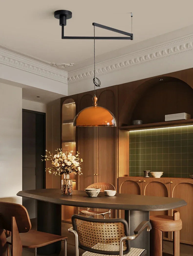 Retro Brown Acrylic Lampshade Pendant Light with Walnut Wood E27 Bulb Hanging Lamp for Dining Room Bar Adjustable Chandelier