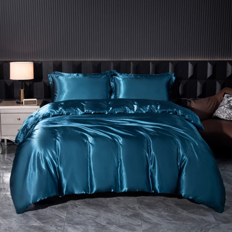 Solid Silk Bedding Set with Duvet Cover Bed Sheet Pillowcases Luxury Satin Single Double Bedsheet King Queen Twin Size