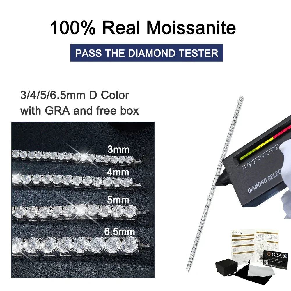 2-6.5mm Real Moissanite Tennis Bracelets for Women Man 925 Sterling Silver Plated White Gold Bracelet Sparkling Wedding Jewelry