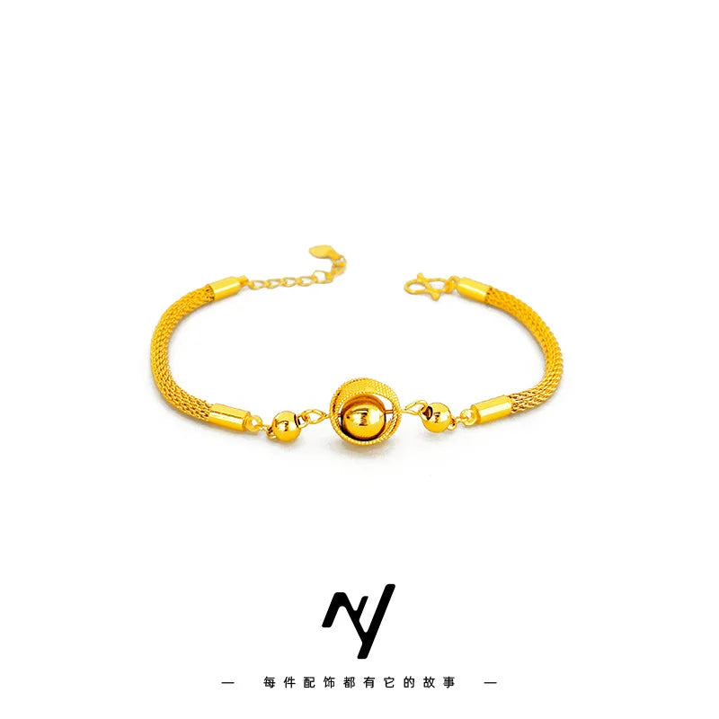 Women's Bird's Nest Lucky Bead Bracelet, 24K Gold, AU999 | "Stability" engraving with branch motifs, subtle professional charm.