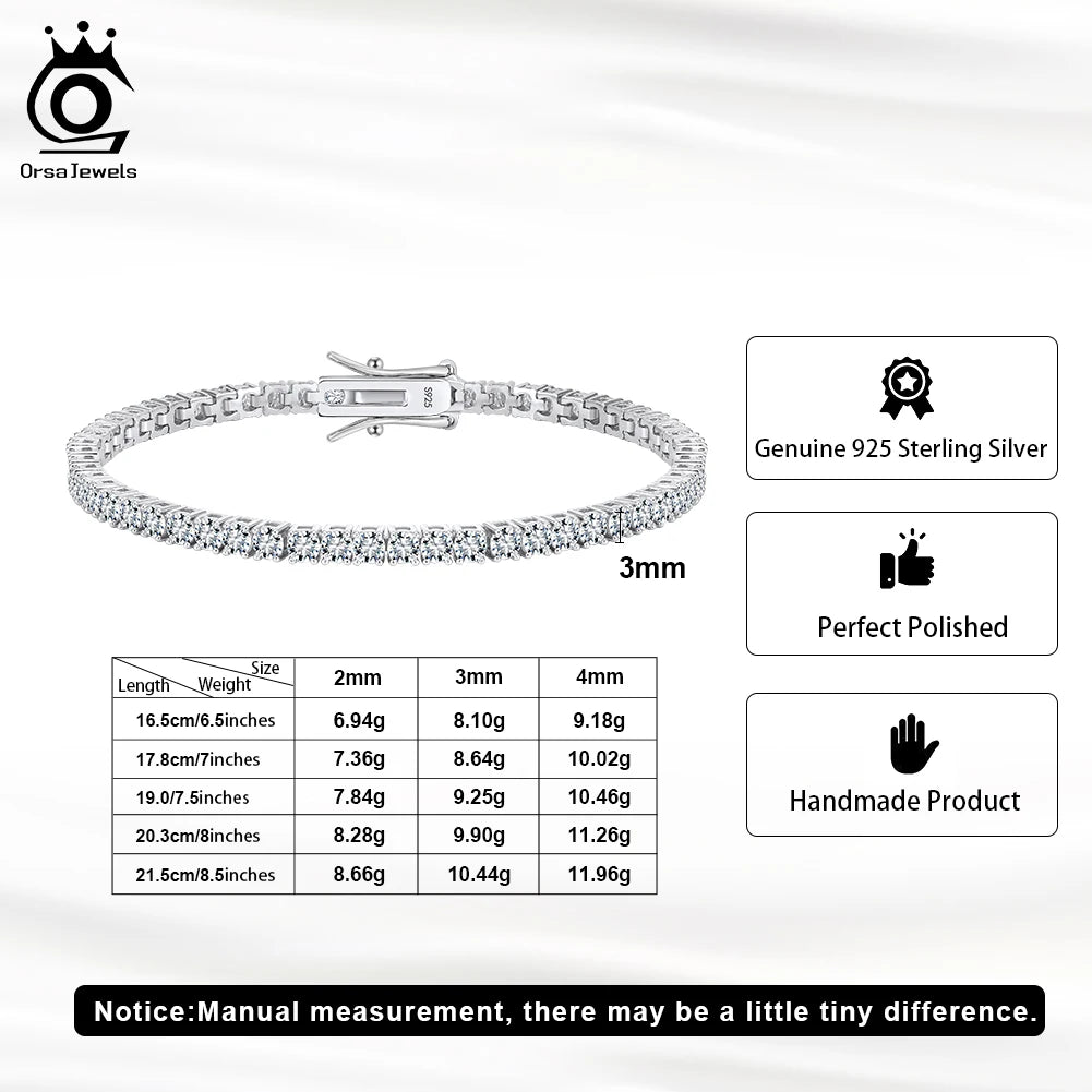 ORSA JEWELS Sparkling 925 Sterling Silver D Color VVS Moissanite Diamond Tennis Bracelet Brilliant Hand Chain Jewelry SMOB01