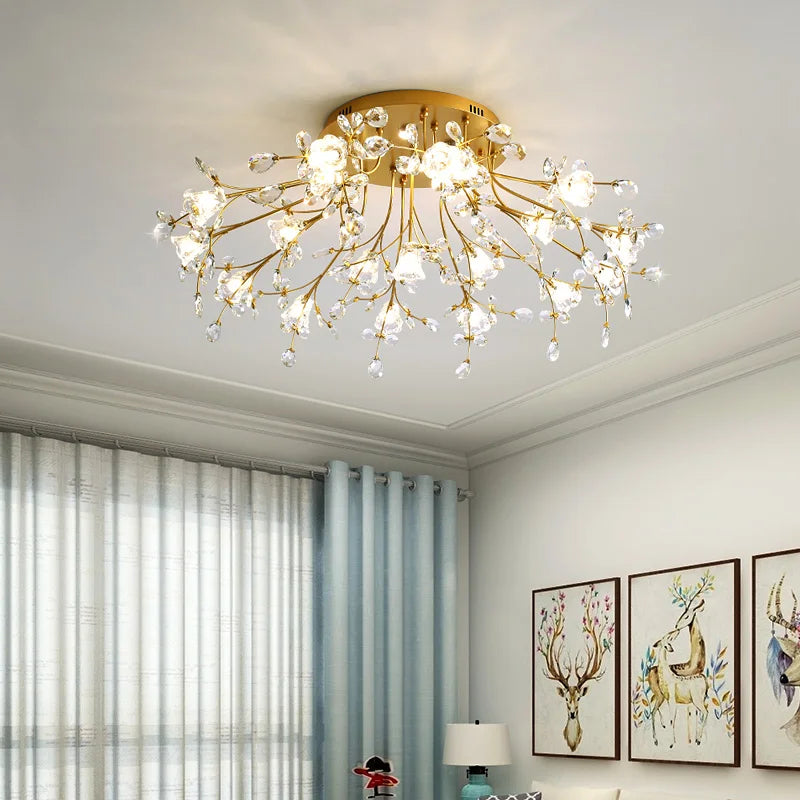 Luxury Crystal Flower Ceiling Light Gold LED Branch Tree Chandelier For Living Room Bedroom Villa Hotel Decor Bedside Wall Lamp