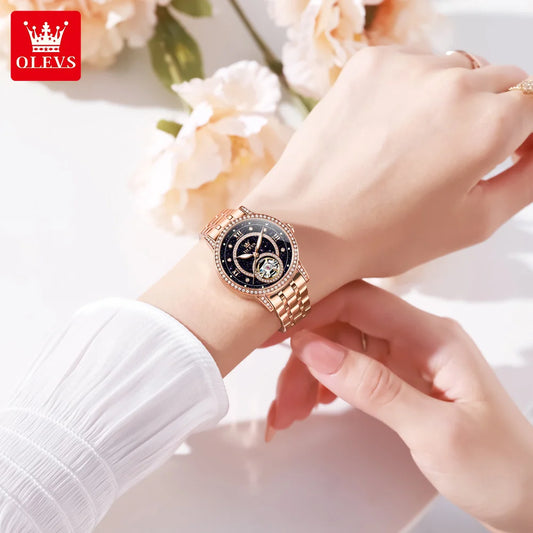 Starry Sky Rhinestone Surface Tourbillon Female Watch Women Top Brand Luxury Fashion Rose Gold Lady Automatic Mechanical Watches