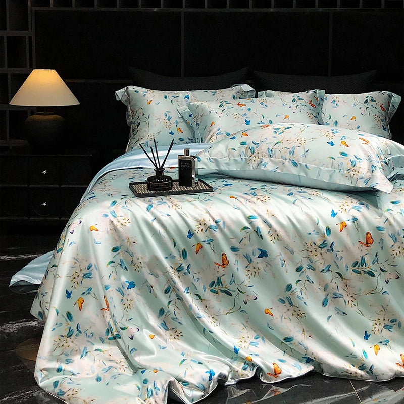 Luxury Palace Style Silk Bedding Set HighEnd Soft Silky Satin Quilt Cover Set Printed Queen King Duvet Cover Gift for Your Lover