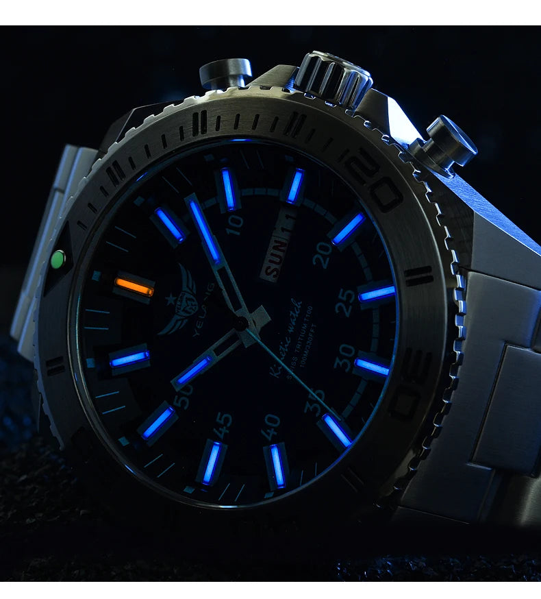 YELANG New Design Human Kinetic Energy Watches Waterproof 100m H3 Gas Self luminescent Nightlight 10Bar Diving Grade V1035