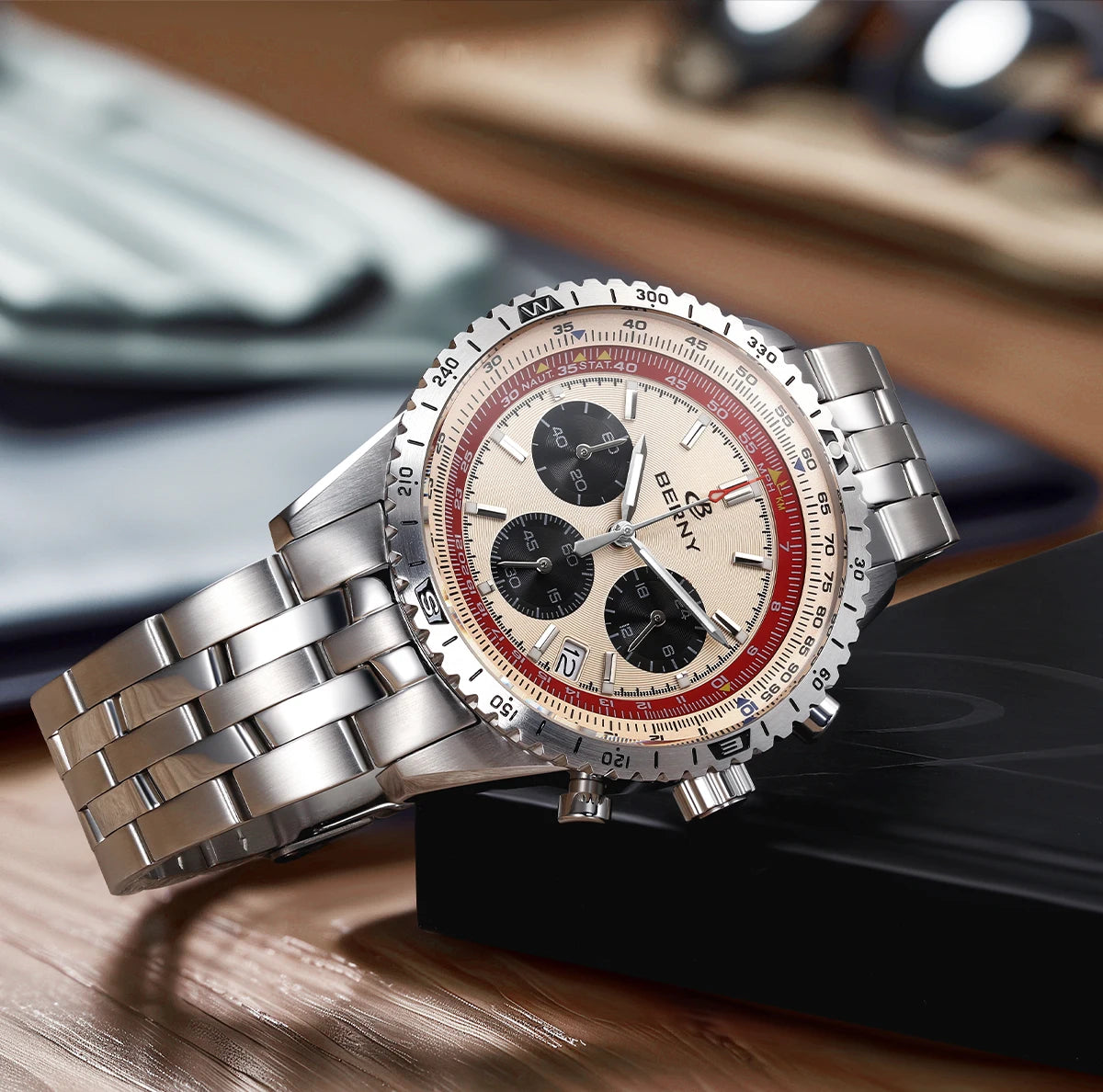 BERNY Aviation Pilot Men's Watches Quartz Chronograph Watch Date Sapphire Super Luminous Luxury Brand Dress Man Wristwatch