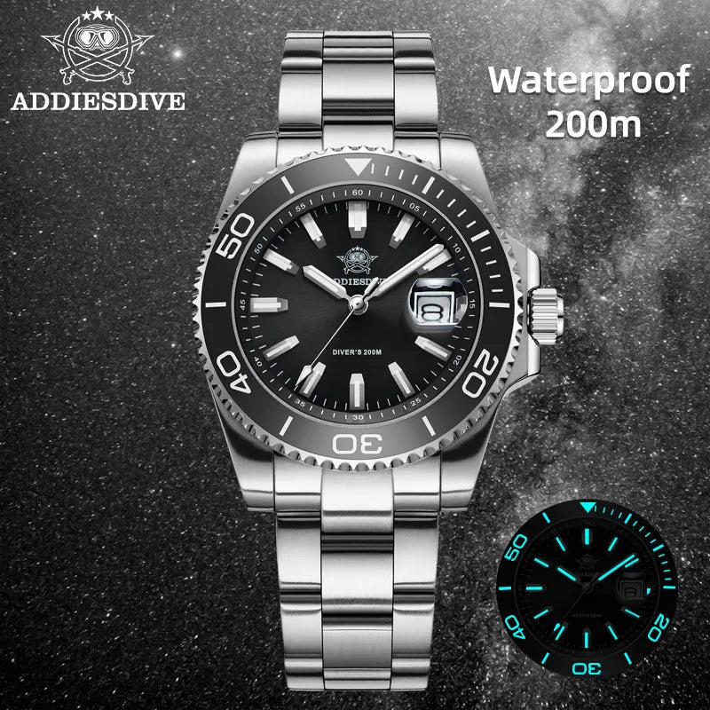 ADDIESDIVE New AD2510 Luxury Men's Diving Watch 41mm BGW9 Luminous Enamel Dial Screw-down Crown Durable Stainless Steel Strap