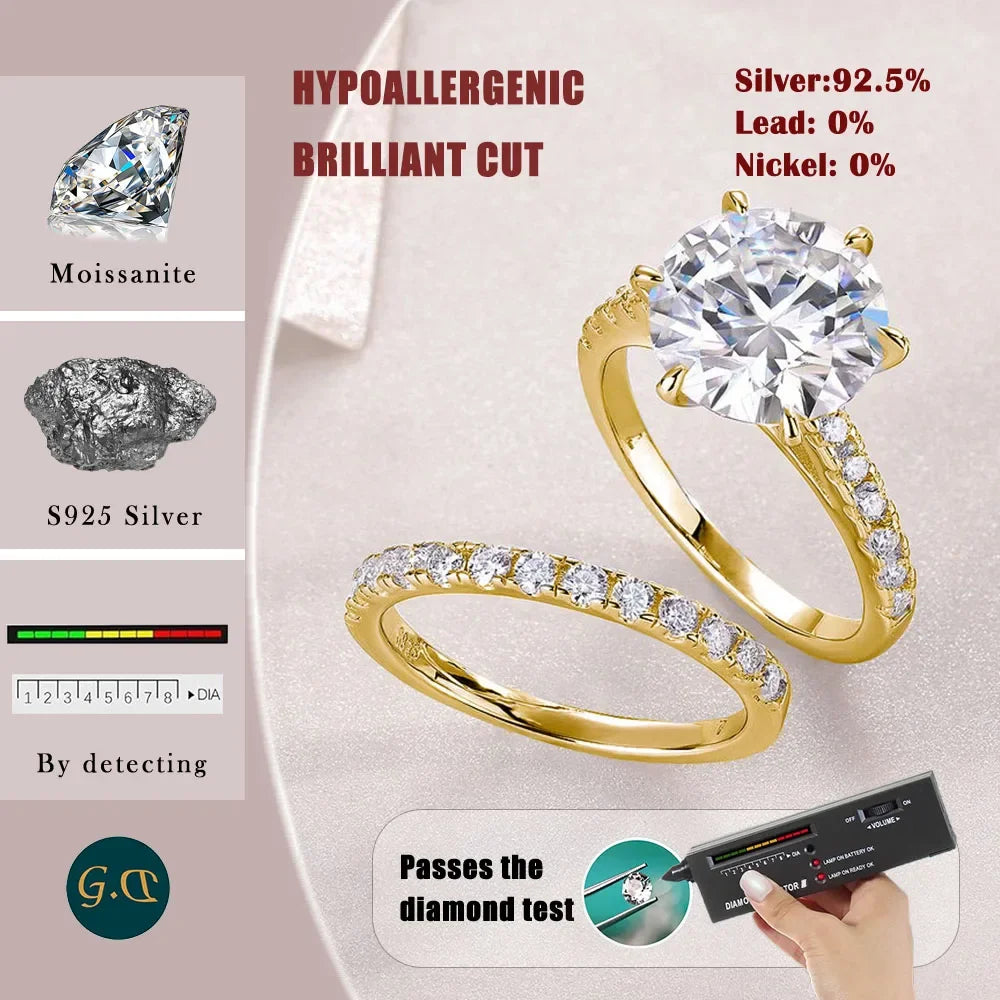 5.75CTW Moissanite Engagement Ring Set 2pcs, Round Cut, 925 Sterling Silver 18K Gold Plated, Classic Wedding Bridal Jewelry Gift