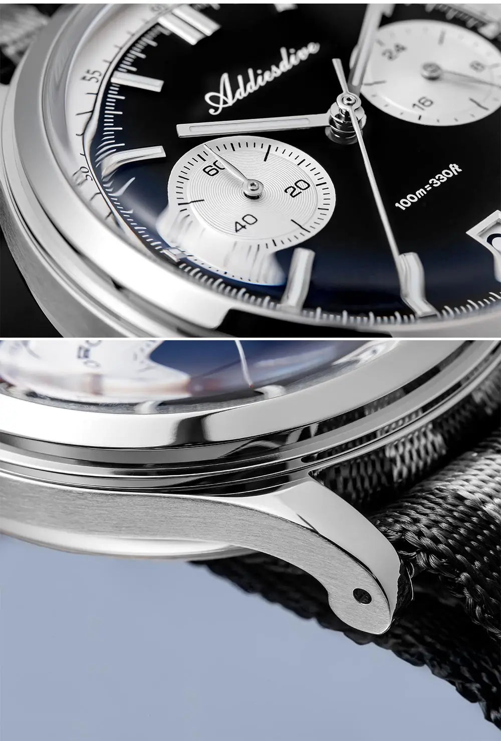 ADDIESDIVE Men's Quartz Chronograph Watch Luminous Bubble Glass 100m Waterproof Nylon Strap Watches For Man AD2095 Fashion Watch